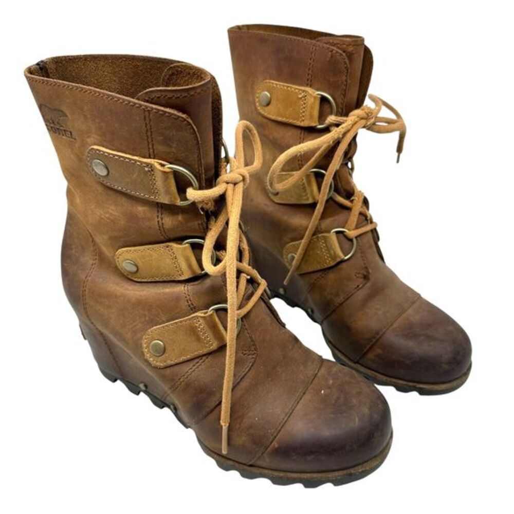 Sorel Brown Joan of Arctic Wedge Lace Up‎ Mid Ankle Leather Boots Size 7
